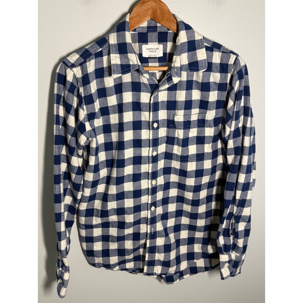American Eagle Mens XS Super Soft Flannel Shirt Navy Blue White Buffalo Check
